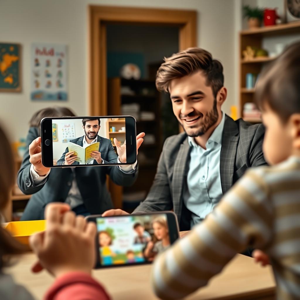 A stylish young male teacher, well-dressed and attractive, animatedly telling a story through a smartphone screen in a cozy home setting