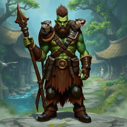 A full-body portrait of a male half-orc druid with distinct green skin