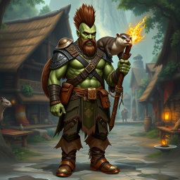 A full-body portrait of a male half-orc druid with distinct green skin