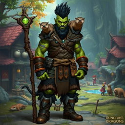 A full-body portrait of a male half-orc druid with distinct green skin