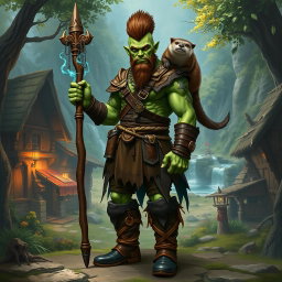 A full-body portrait of a male half-orc druid with distinct green skin