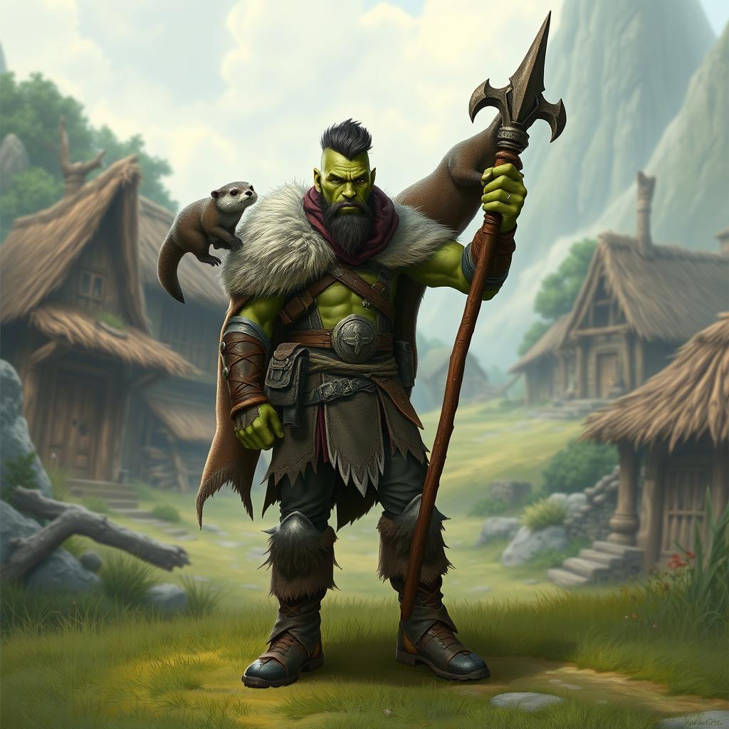 A full body depiction of a male half-orc druid with green skin standing confidently in the foreground