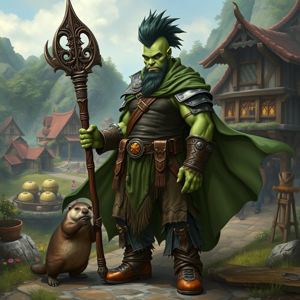 A full body depiction of a male half-orc druid with striking green skin, wearing sturdy leather armor and rugged boots