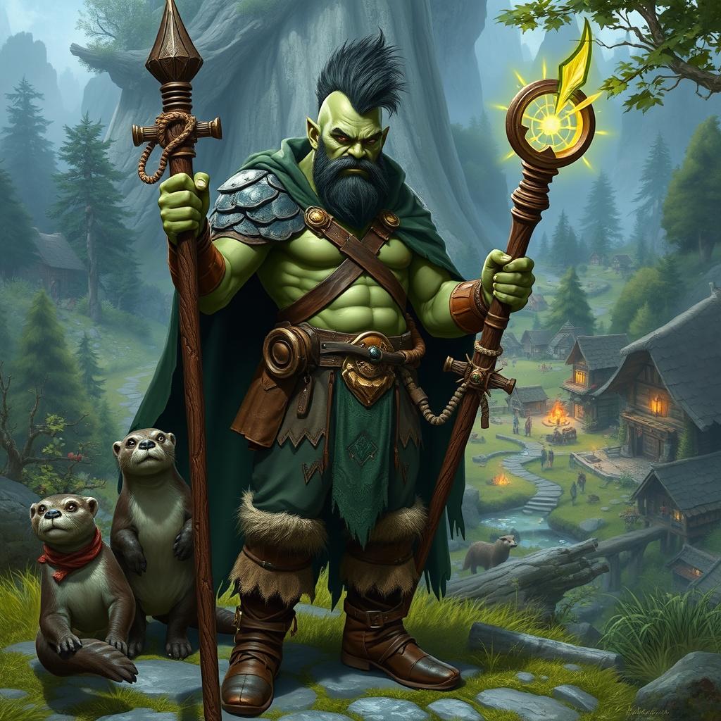 A full body portrait of a male half-orc druid with green skin, depicted in a front view