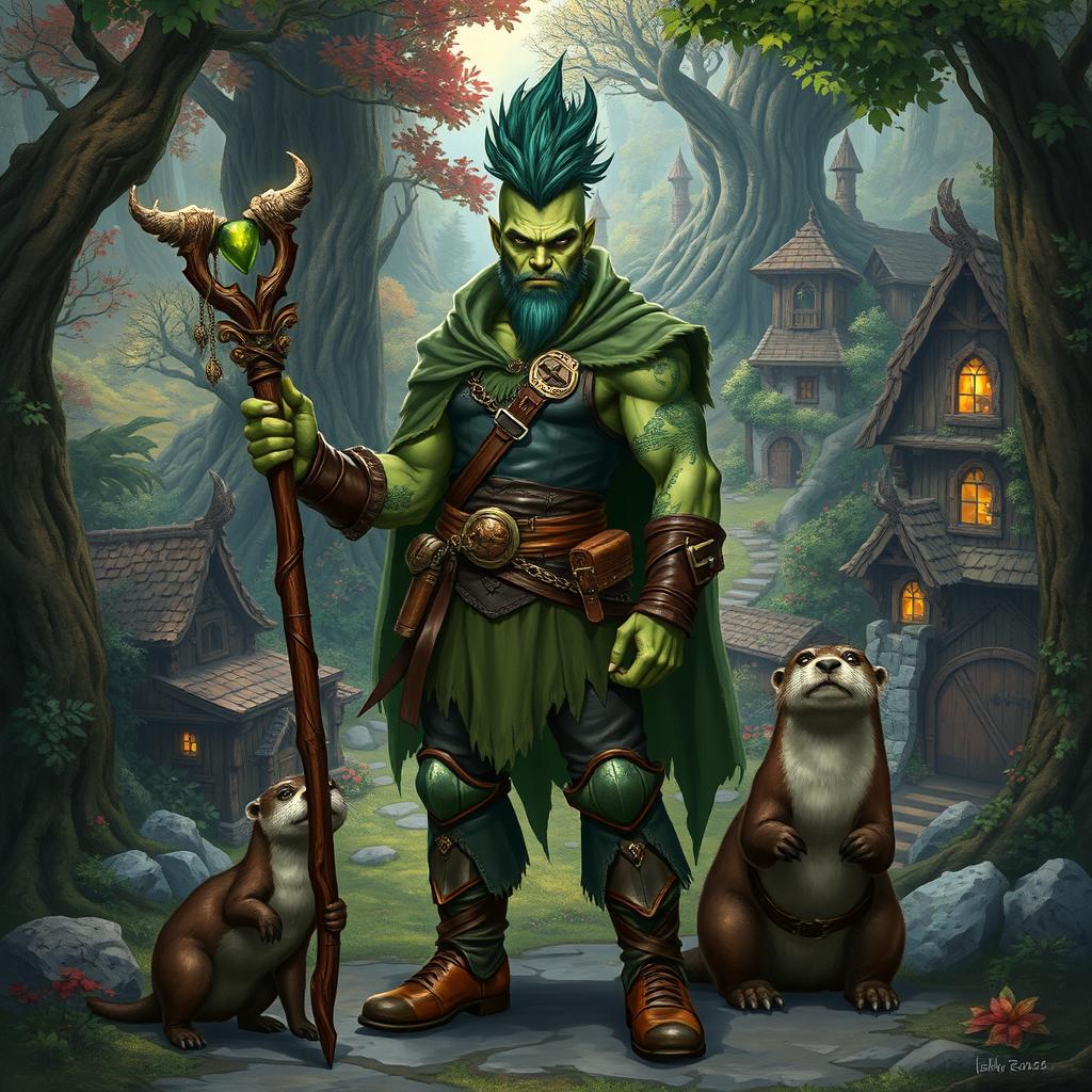 A full body portrait of a male half-orc druid with striking green skin and a fierce mohawk hairstyle
