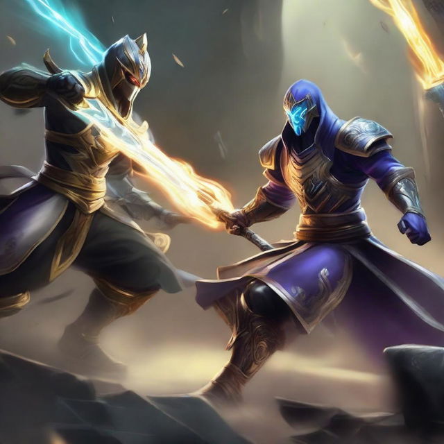 Exciting battle scene between Master Yi with his glowing sword and Zed, master of shadows from League of Legends, both in intense combat poses.