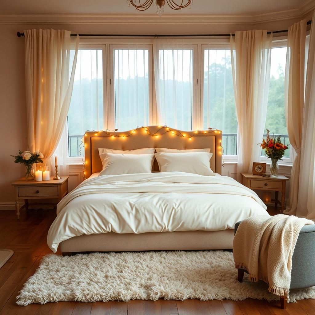 A romantic bedroom setting, featuring a beautifully made king-sized bed with plush pillows and soft, luxurious bedding