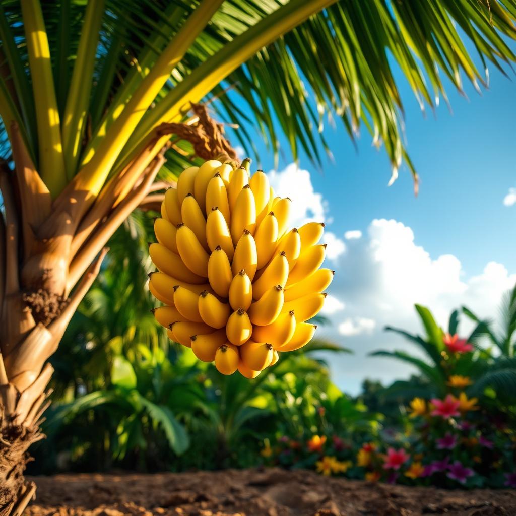 A vibrant, tropical setting featuring a cluster of ripe bananas hanging from a lush green palm tree