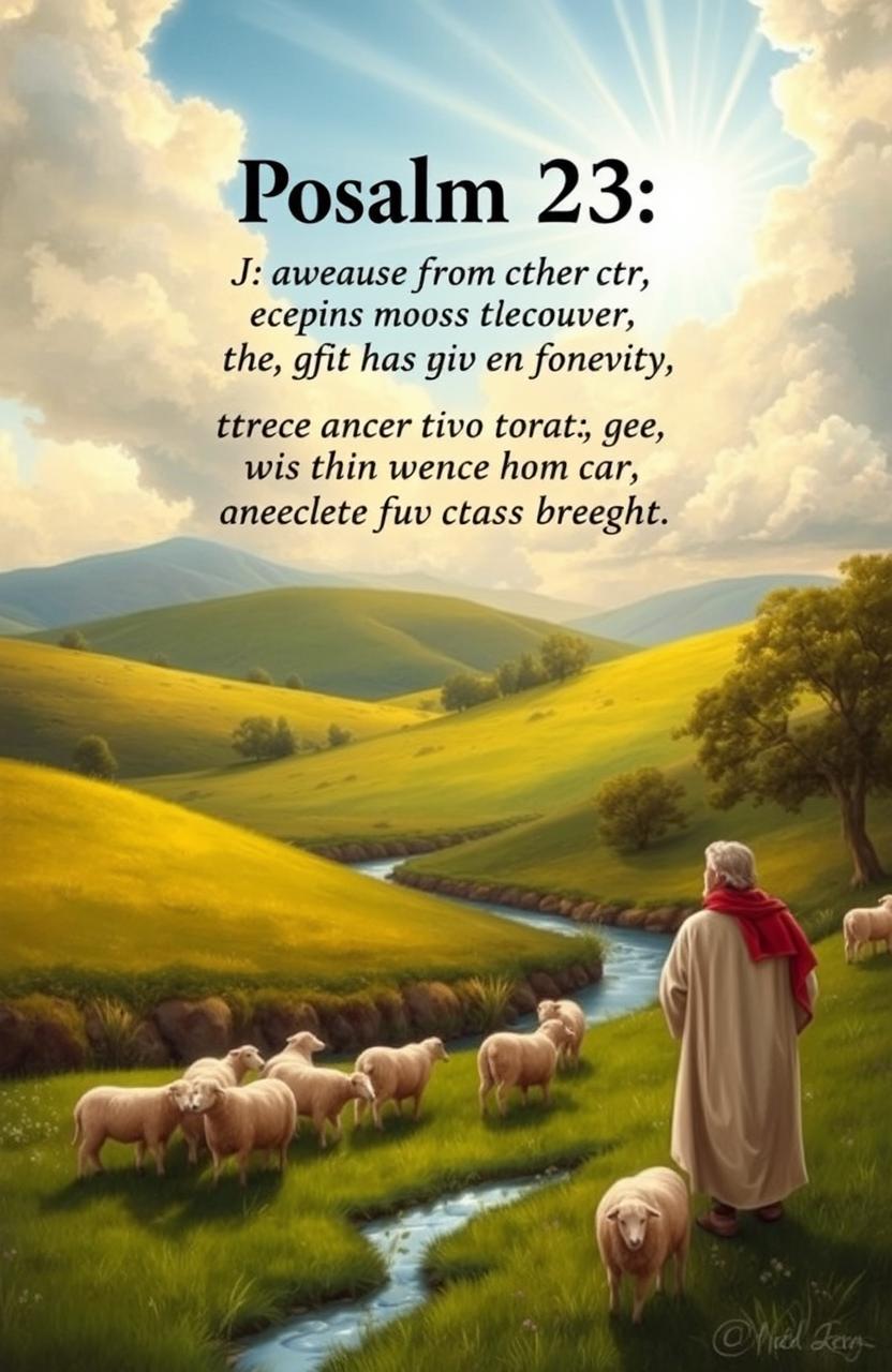 An artistic representation of Psalm 23, depicting its serene and comforting themes