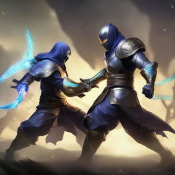 Exciting battle scene between Master Yi with his glowing sword and Zed, master of shadows from League of Legends, both in intense combat poses.