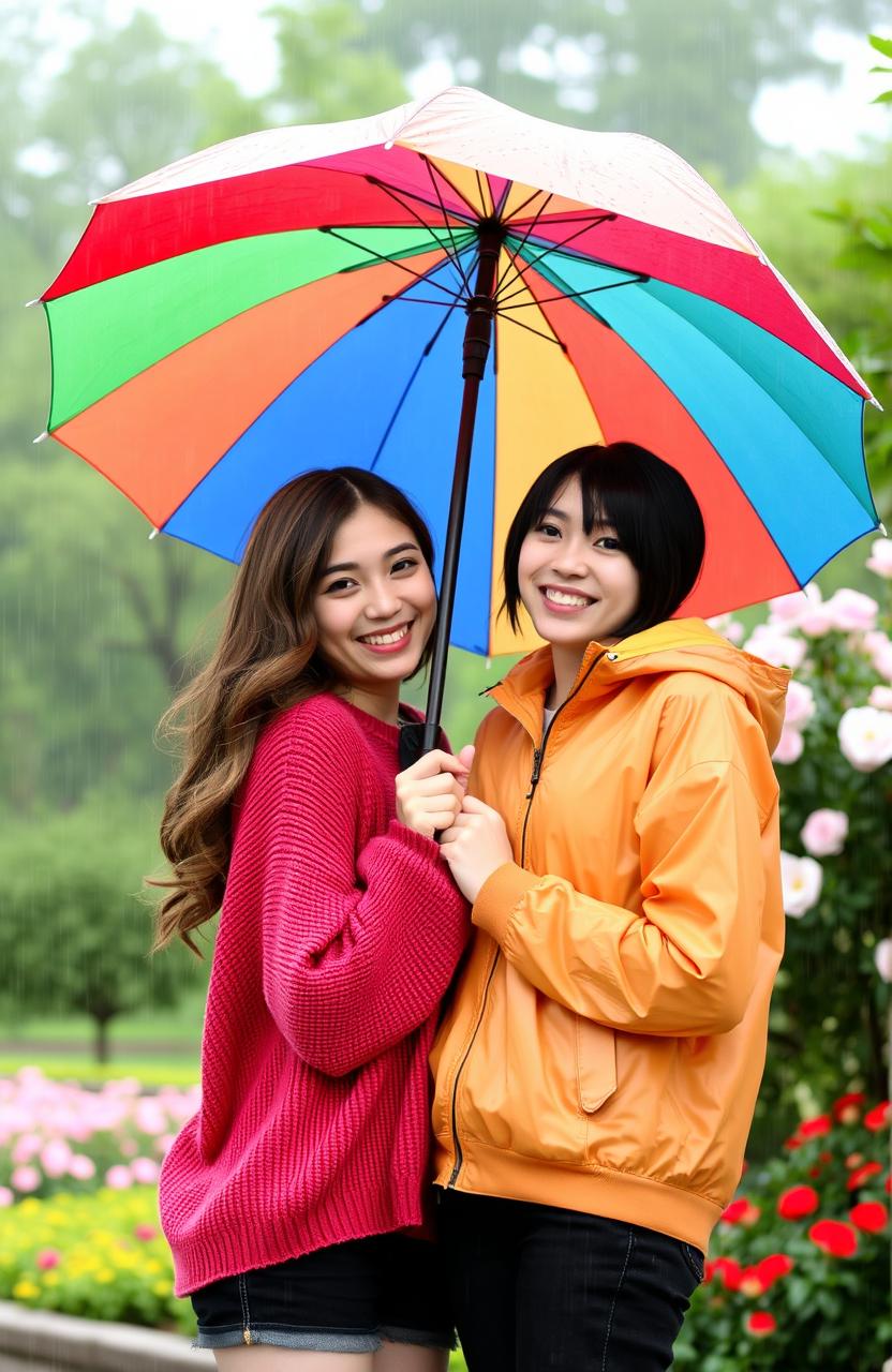 Two girls sharing a vibrant, colorful umbrella as they stand close together, smiling and enjoying a light drizzle in a beautiful park