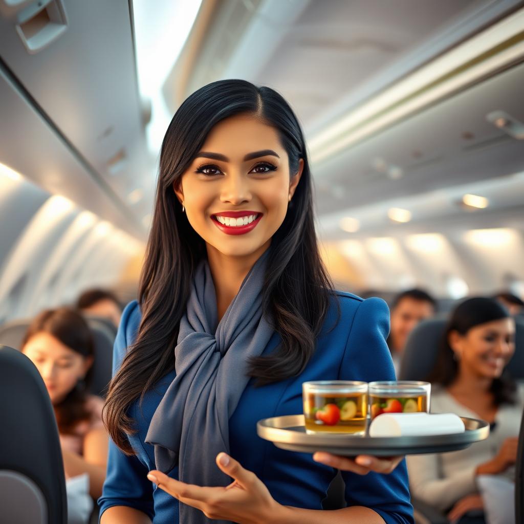 A cheerful flight hostess smiling warmly while wearing a stylish uniform