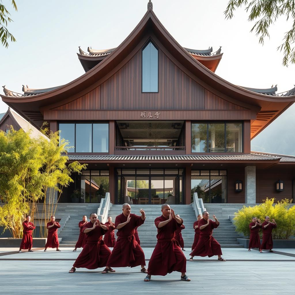 A modern Shaolin temple, featuring sleek architecture that integrates traditional Chinese design elements with contemporary materials