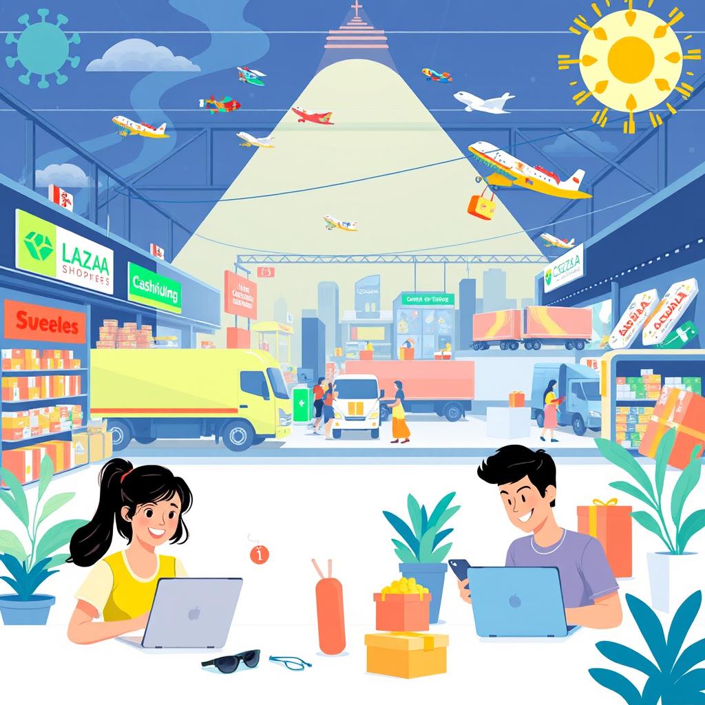 An overview illustration showcasing the transformation of the Philippine retail industry through e-commerce platforms like Lazada, Shopee, and Zalora