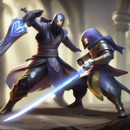 Exciting battle scene between Master Yi with his glowing sword and Zed, master of shadows from League of Legends, both in intense combat poses.