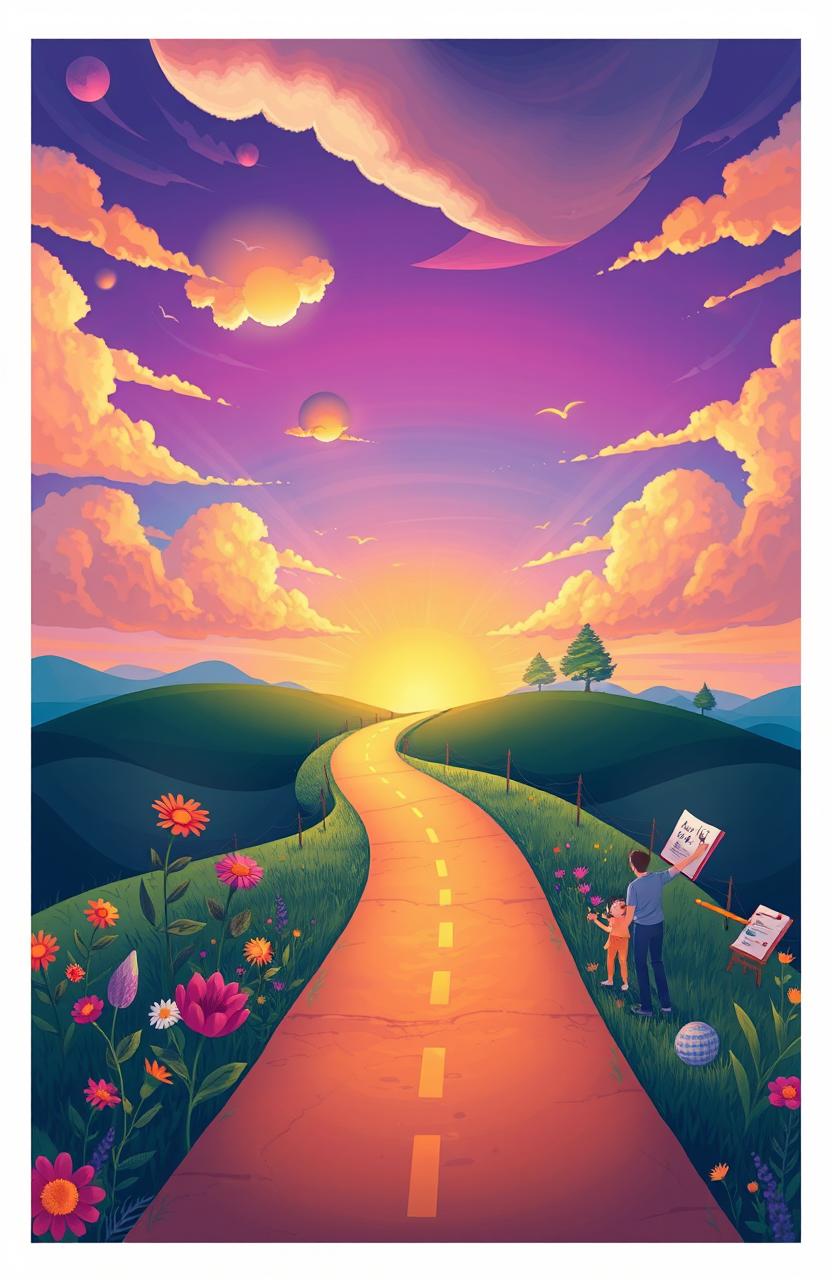 A vibrant and inspiring scene depicting a winding road leading towards the horizon, symbolizing the journey of believing, creating, and embarking on entrepreneurship