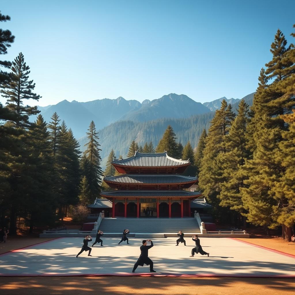 A serene mountain landscape featuring tall pine trees surrounding a central temple