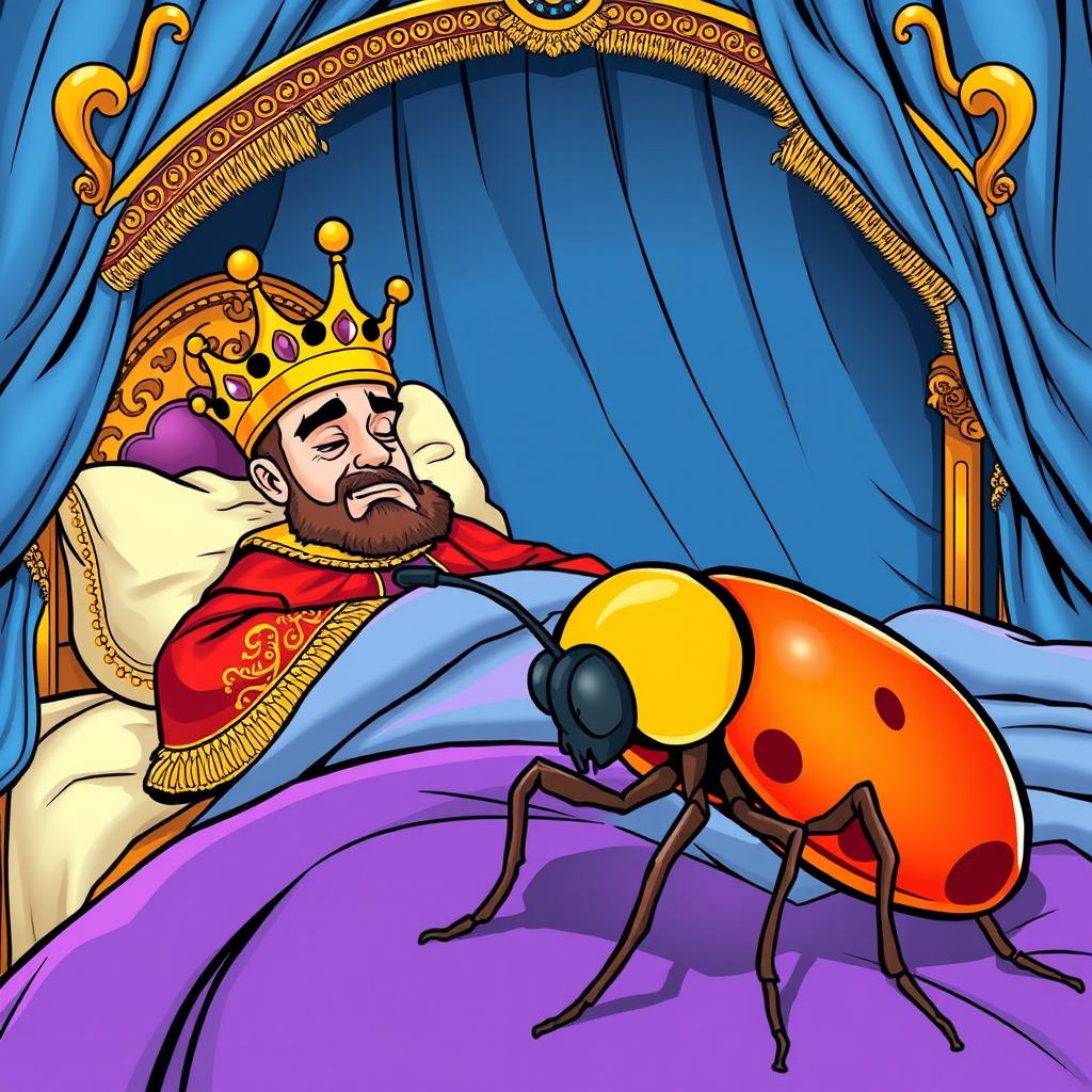 A comics style illustration of a regal king sleeping peacefully on a lavish bed, adorned with intricate golden trims and soft royal blue drapes