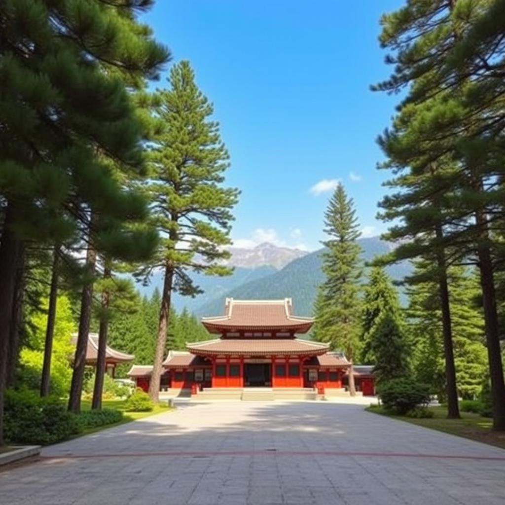 A serene mountainous landscape featuring tall pine trees and a traditional temple situated in the center