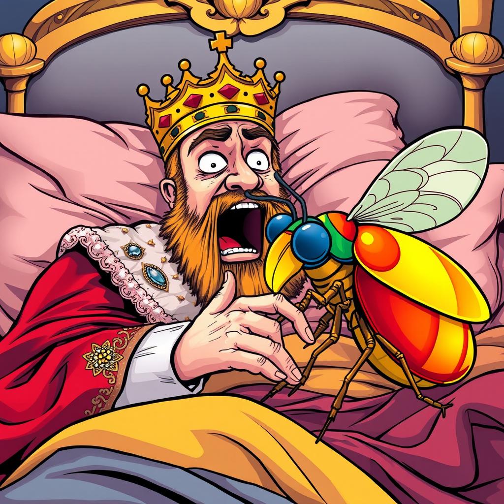 A comics style illustration of a regal king in a dramatic pose, screaming with wide eyes and an open mouth as a giant, colorful mall bug nips at his hand while he sleeps