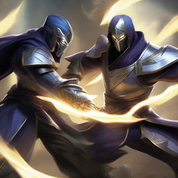 Exciting battle scene between Master Yi with his glowing sword and Zed, master of shadows from League of Legends, both in intense combat poses.