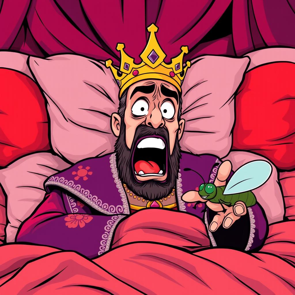 A comics style illustration of a regal king jolting awake in shock, screaming with wide eyes and an open mouth as a small, cartoonish bug bites his hand while he sleeps