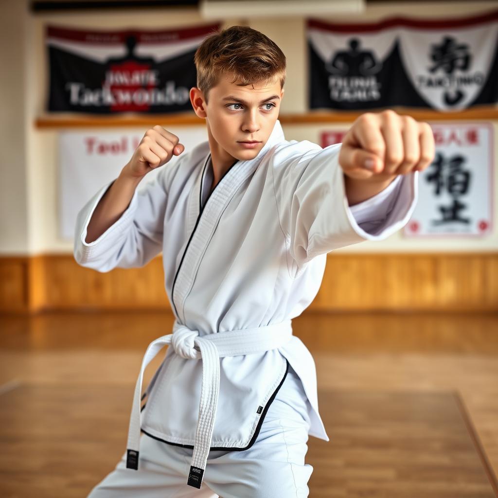 A young Caucasian karateka in a white karate gi with a black belt and black trim on the uniform, featuring 'Taekwondo' written on the chest