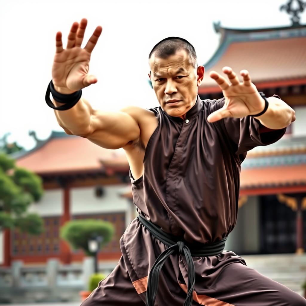 A Kung Fu practitioner in an intense stance performing Hung Kuen, showcasing dynamic movements with strength and grace