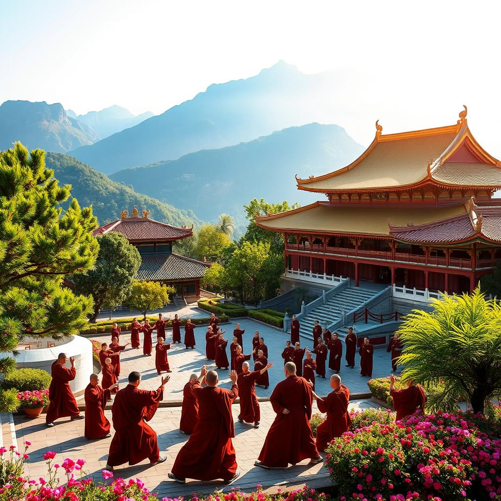 A majestic view of the Shaolin Temple located in Henan, China, set against the breathtaking backdrop of Songshan mountain range