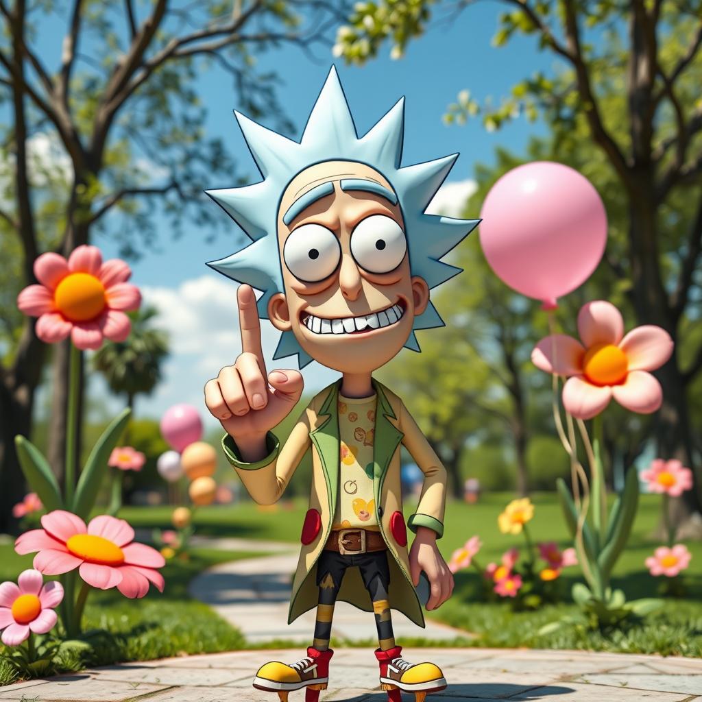 A humorous depiction of a cartoon character named Rick, styled like a funky cartoon version, with exaggerated features such as large eyes and a goofy smile, standing in a sunny park