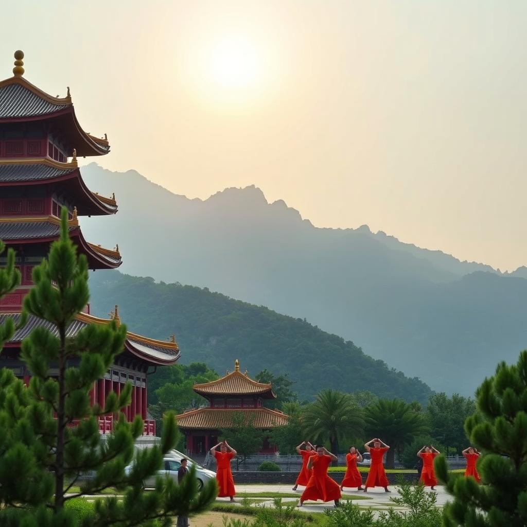 A serene landscape of the Shaolin Temple in Henan, located in the Songshan Mountains