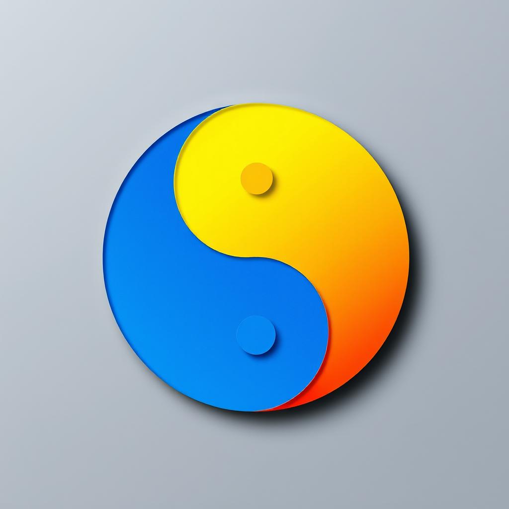 A creative design featuring a large Yin Yang symbol divided into three equal sections, each colored in vibrant shades of yellow, blue, and red