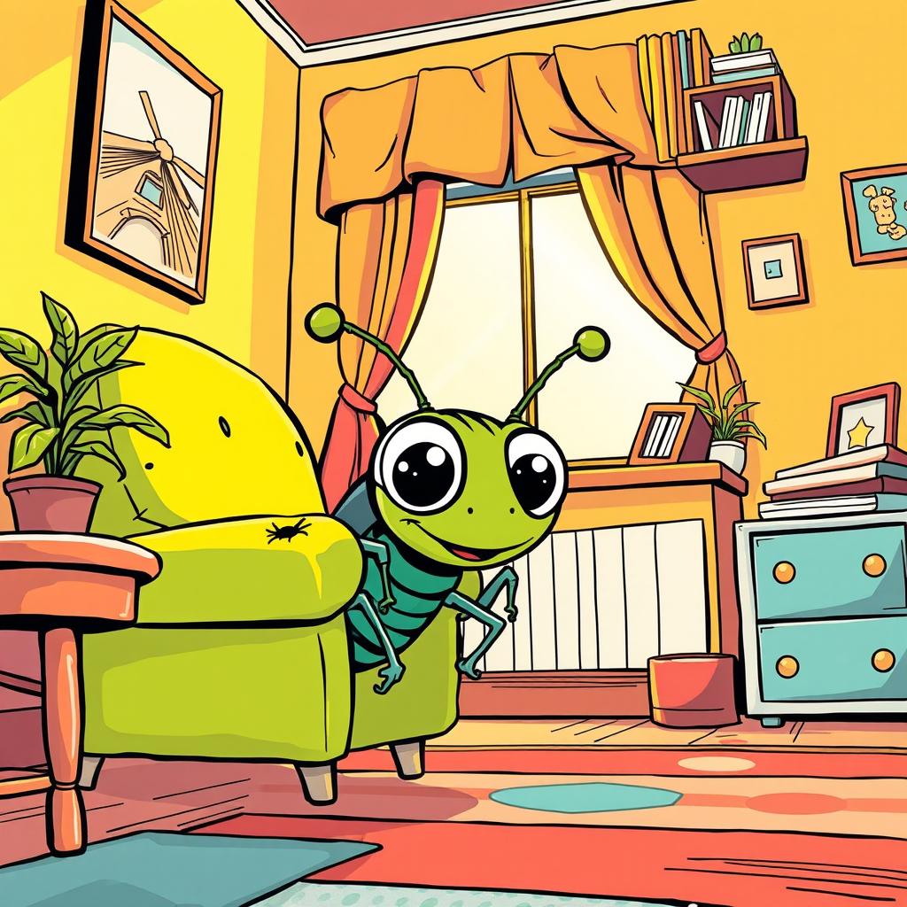 A comics style illustration featuring a small, cartoonish bug scurrying to hide in a cozy room