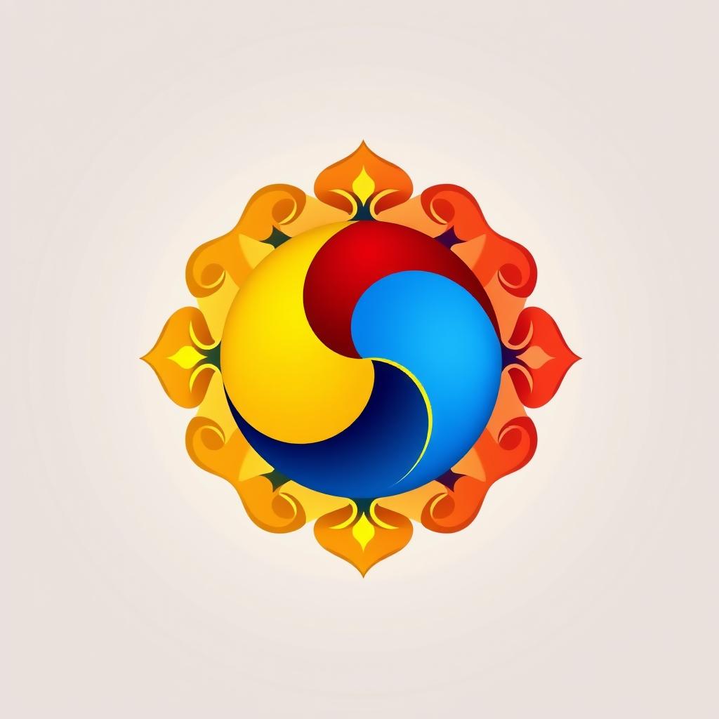 A vibrant design featuring a large, intricate yin-yang symbol, prominently displayed in the center