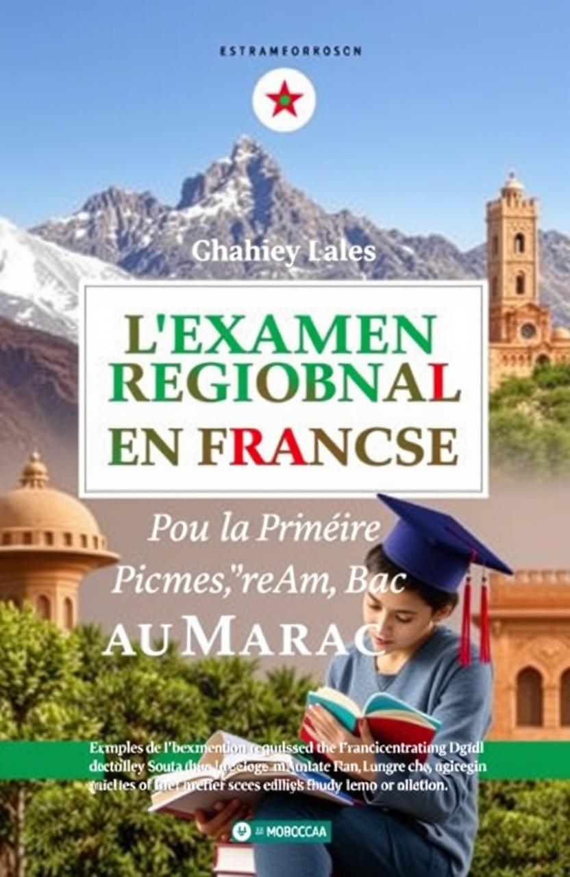 A detailed cover design for a book titled "Exemples de l'Examen Régional en Français pour la Première Année Bac au Maroc"