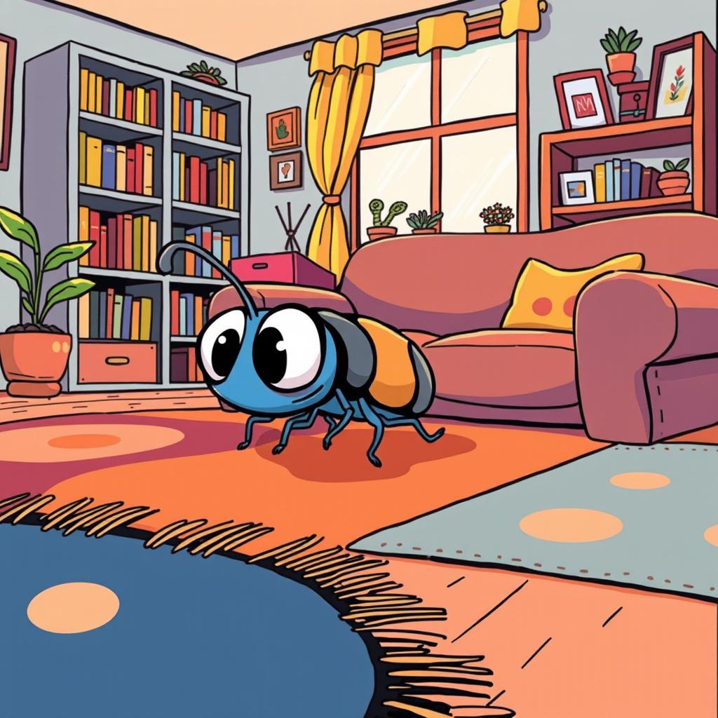 A playful comics style illustration of a small, cartoonish bug scurrying hurriedly to hide in a cozy room