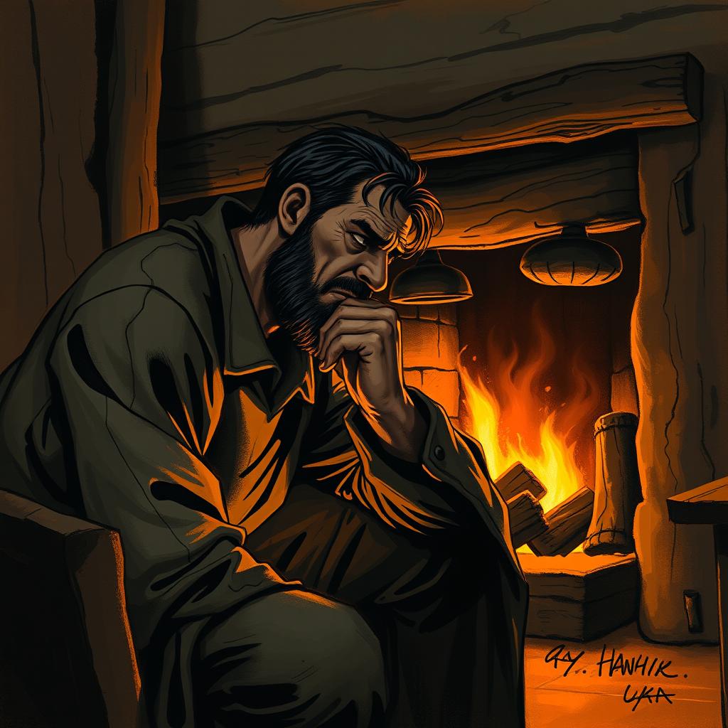 A melancholic man, hunched and contemplative, sits by a fireplace in a rustic dwelling
