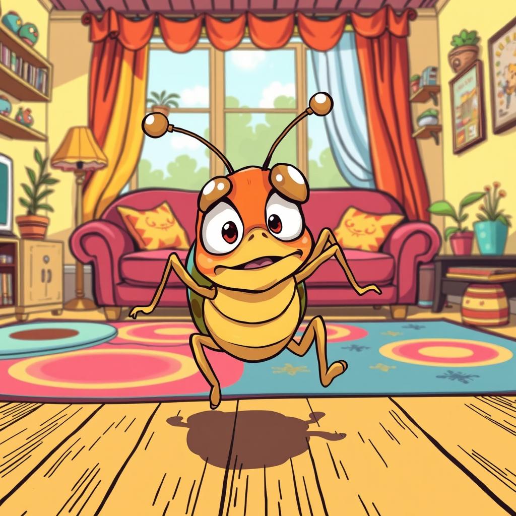 A lively comics style illustration of a small, cartoonish bug energetically running away from a cozy room, clearly scared of being caught