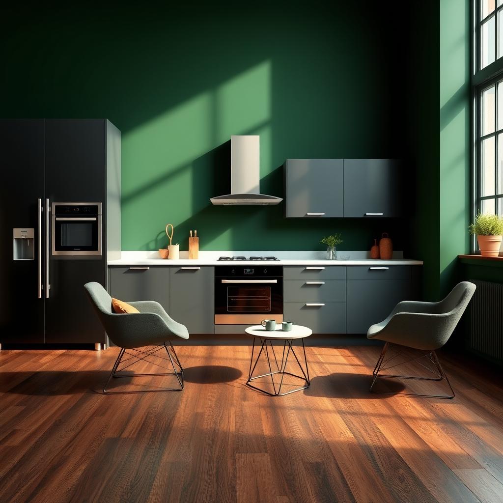 A modern kitchen scene featuring sleek appliances and stylish furniture