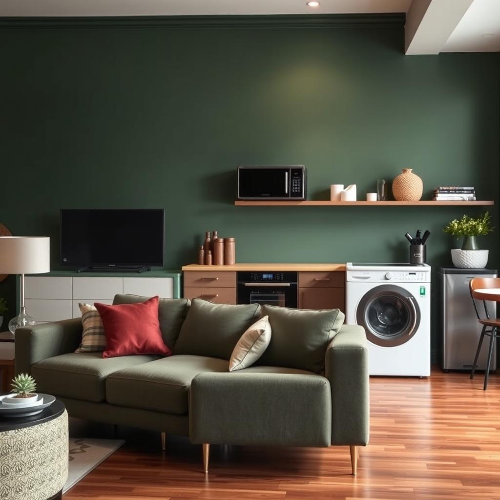 A beautifully styled interior setting featuring stylish furniture and modern appliances in their original colors