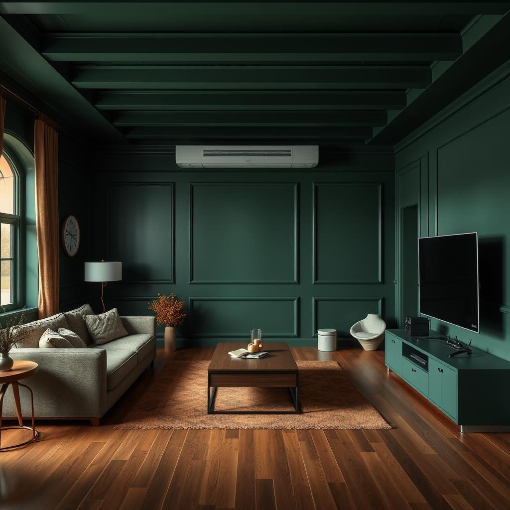An interior scene featuring a cozy living room with dark green walls and a brown floor