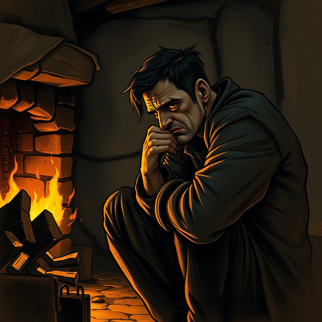 A melancholic man, hunched and contemplative, sits by a fireplace in a rustic dwelling