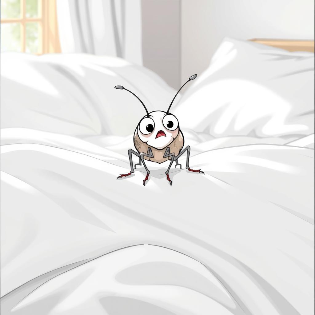 A whimsical comics style illustration featuring a small white flea perched anxiously on a pristine white bed with fluffy white sheets