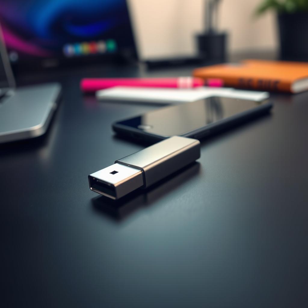 A close-up shot of a USB flash drive resting on a sleek black desk