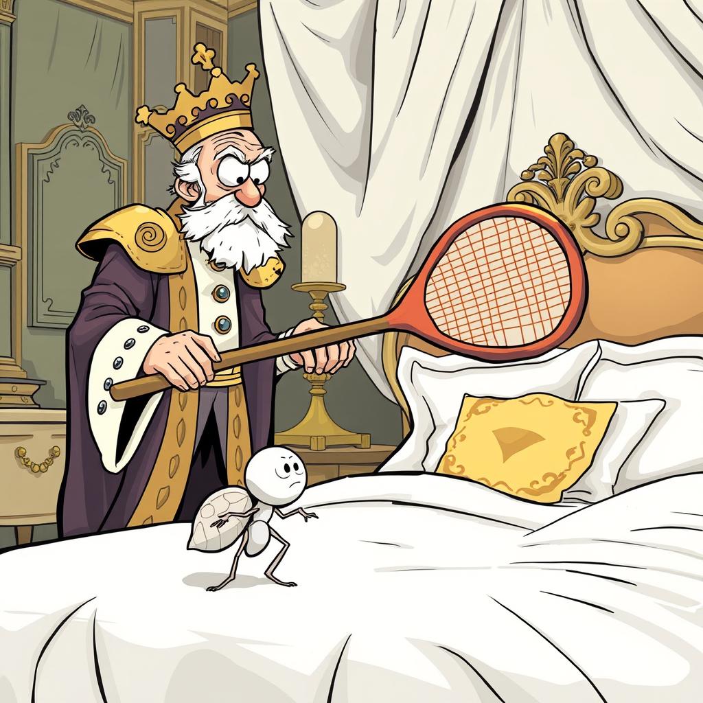 A dramatic comics style illustration depicting a small white flea in a perilous moment, where she is being confronted by a king's servant in a lavish room