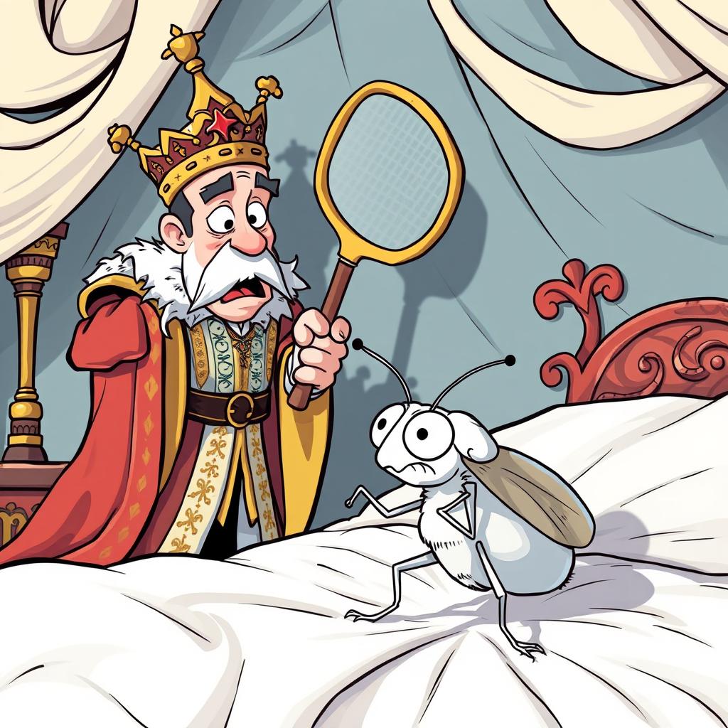 A lively comics style illustration depicting a small white flea in a dramatic moment, where she is being confronted by a king's servant on a lavish bed