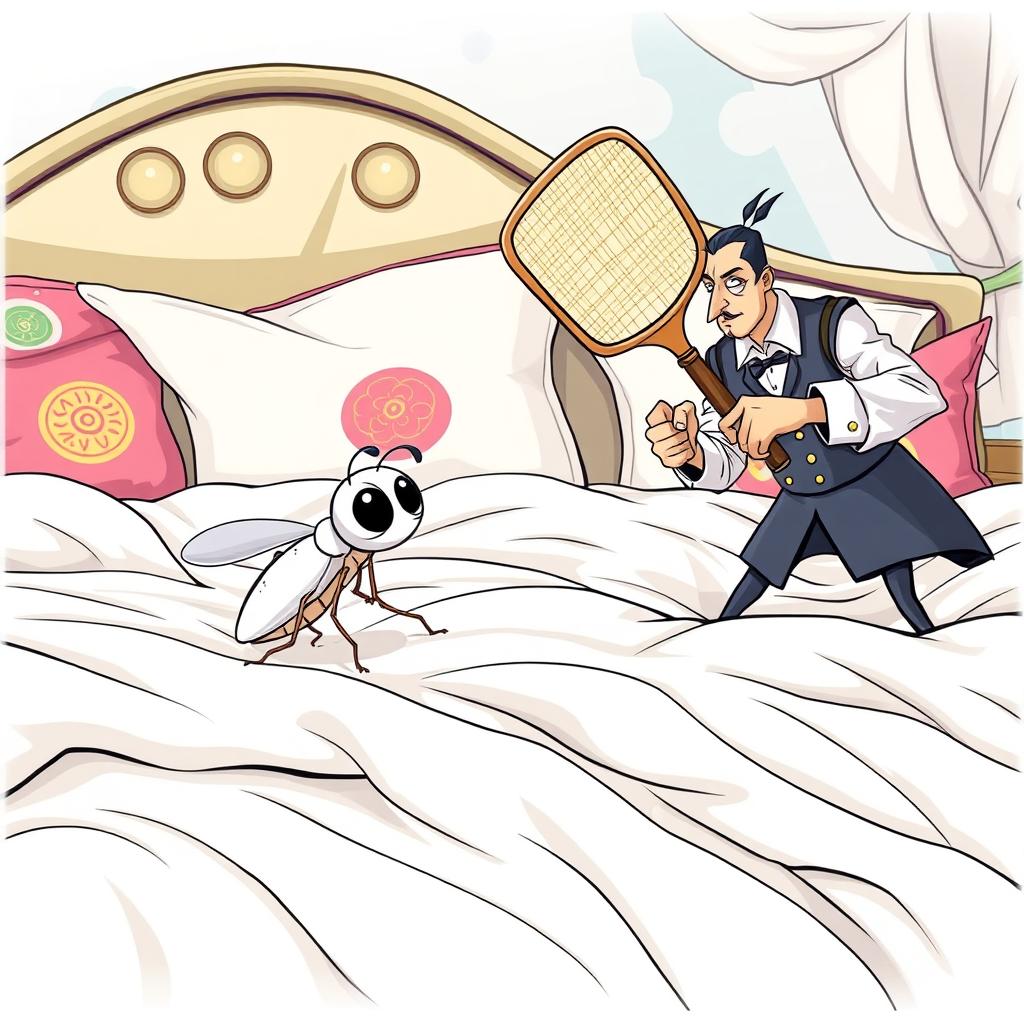 A humorous comics style illustration showcasing a small white flea in a comedic predicament as she faces a servant brandishing a large, exaggerated fly swatter