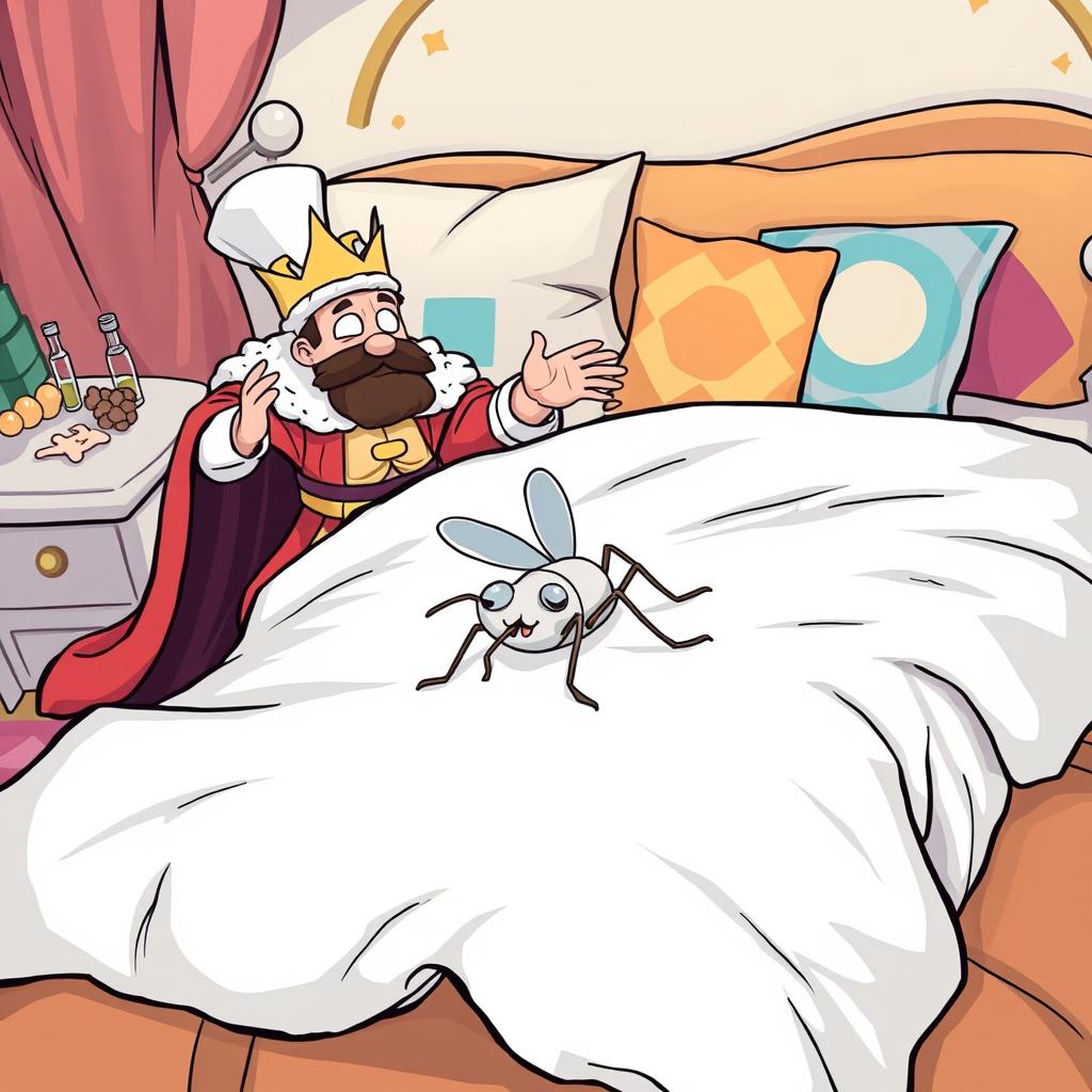 A humorous comics style illustration showing a small white flea already defeated and laying dramatically on a plush bed with white sheets