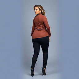 A full body portrait of a 47-year-old woman capturing her from the back, wearing a snug-fitting shirt and tight black pants that showcase her curves beautifully