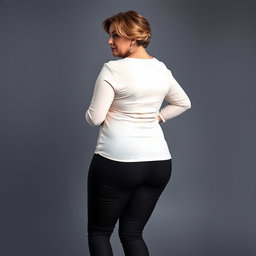 A full body portrait of a 47-year-old woman capturing her from the back, wearing a snug-fitting shirt and tight black pants that showcase her curves beautifully